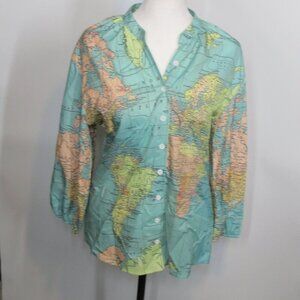 Made with Love World Map Button Down Blouse Size Small NWT